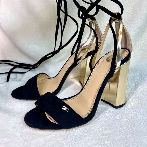Elisabetta Franchi Womens Black Gold Open Toe Block Heel Sandals Size 36‎ - Picture 1 of 7